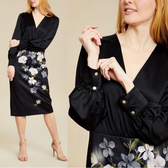 Ted Baker 5/14 Opal Alithea Black Floral V Neck Long Sleeve Bodycon Midi Dress - Picture 3 of 13